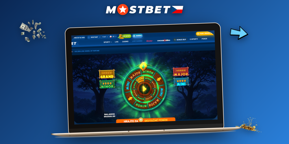 Hráč sleduje animaci Mostbet Kola štěstí s ikonami bonusů a mincí CZK