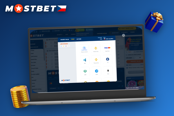 Hráč vybírá metodu výběru peněz v pokladně Mostbet na notebooku